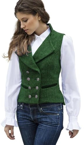 CAMDOM Damen 50er Jahre Vintage Anzugweste Arbeit Tweed Slim Fit Weste V-Ausschnitt Weste Zweireihiger Mantel mit Taschen Ärmellos Blazer Jacken