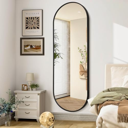 JJUUYOU Badezimmer-Wandspiegel in voller Länge, ovaler Spiegel, schwarzer Metallrahmen, Spiegel, 120 x 45 cm, matt, Schlafzimmer, Schminktisch, Bauernhaus, rostfreies gehärtetes Glas, zum Aufhängen
