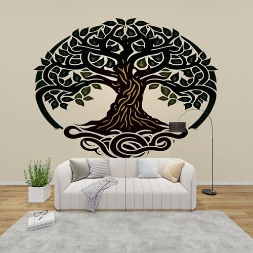 GEDAEUBA Papier Peint Panoramique Arbre de Vie, Papier Peint Intissé Motif Beige, Tapisserie Panoramique Salon, Décoration Murale Chambre, 450x315 cm