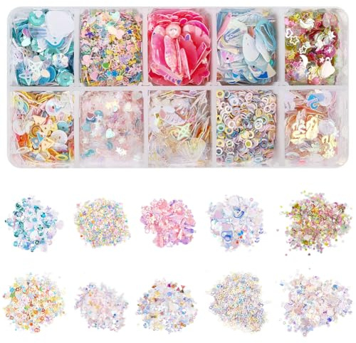 SUNNYCLUE 1 Caja 60G 10 Estilos Paillettes Lendeuillas Sortidas Lendeuillas a granel Lindo Plástico Colorido Forma Plana PVC Arte Ornamento de coser suelto Spangles para joyería artesanal Haciendo bod