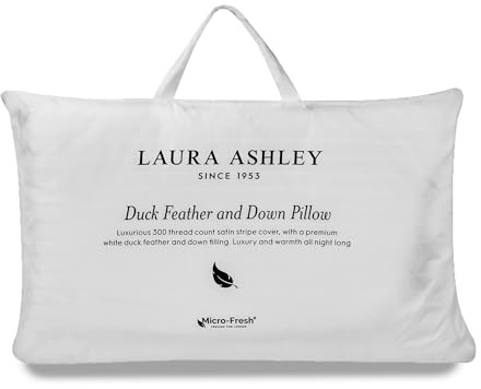 Laura Ashley Duck Feather & Down Pillow - 300 Thread Count Satin Stripe Cover, Plush White Duck Feather and Down Filling