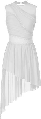 Miutii Vestido de patinaje artístico para mujer, sin mangas, brillante, vestido de ballet con falda asimétrica, vestido de danza lírico, moderno y contemporáneo, Blanco, XS