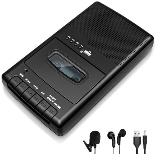 Tragbarer Kassettenrecorder mit One Touch Aufnahme, Mobiler Kassettenspieler & USB-Digitalisierer,Kassettenspieler-Recorder,Eingebauter Lautsprecher, Ausziehbarer Griff, 3,5-mm-Kopfhörer,Schwarz