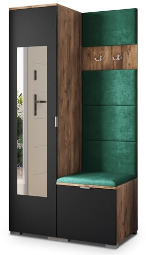 Masseno Flugarderoben Set VIRA, Kleiderschrank-Set mit Spiegel und Sitzbank, Garderobenschrank Flur mit 3 Regalböden, Eiche Lefkas/Schwarz