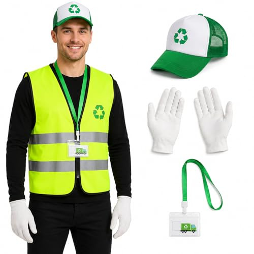 PANMAY Waste Management Costume Adult Garbage Man Outfit Recycle Trash Vest Hat Halloween Career Day Dress Up