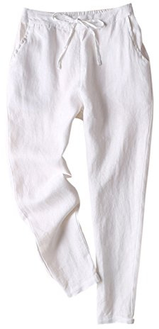 IXIMO Women's Tapered Pants 100% Linen Drawstring Back Elastic Waist Ankle Length Pants, White, Large