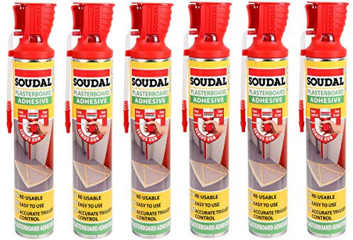 6X Soudal Plasterboard Adhesive Expanding Foam Dry Fix Genius Gun - 750 ml