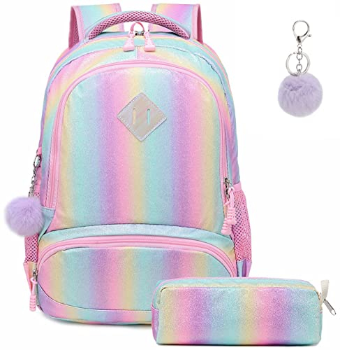 Mädchen Regenbogen Glitzer Rucksack - niedliche Kinderrucksack leichte Reiserucksack schöne lässige Daypack Geschenk für Mädchen (Regenbogen)