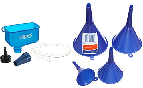 Draper 26327 Engine Oil Funnel with Tube Holds Square Rectangular Bottles, 30.5cm x 9.2cm x 14.4cm & 43853 Plastic Funnel Set, 50mm/75mm/100mm/115mm Ø, Blue, 4 Pcs, Pack of 4