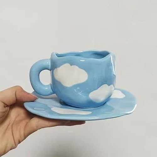 LUNYY Taza de cerámica Irregular Creativa con platillo, 1 Uds, Flor Pintada a Mano, Bonito Desayuno, Leche, Zumo, Taza de té, hogar, Oficina, Juego de Tazas de café, Regalo