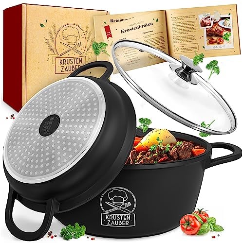 KRUSTENZAUBER Cocotte en fonte d'aluminium de 28 cm avec couvercle - Passe au four - Avec couvercle en verre - Cocotte et poêle à frire en aluminium de 6 l - Cocotte idéale pour induction, sauteuse,