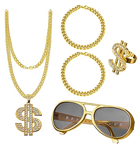 UYUYong Zuhälter Kostüm Set 80er Jahre Kostüm Goldene Dollar Kette & Gold-Armband Ring Brille Persönlichkeit Hip Hop Kostüm Kit Herren 80er 90er Rapper Kostüm für Maskerade Halloween Cosplay