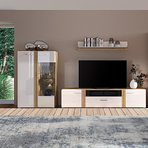 Lomadox Wohnwand Anbauwand Fernsehwand TV Wand in Eiche Nb. modern mit Fronten in Hochglanz weiß 3-teilig, Highboard, TV-Lowboard und Wandregal, inkl. LED Beleuchtung