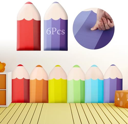 Jetec 6 Stück 3D-Anti-Kollisions-Bleistift-Form-Wandpolsterung für Kinder, 60 x 30 cm, zum Abziehen und Aufkleben, gepolsterte Paneele, Kopfteil, bunte Wandmatten für Kinderzimmer, Spielzimmer