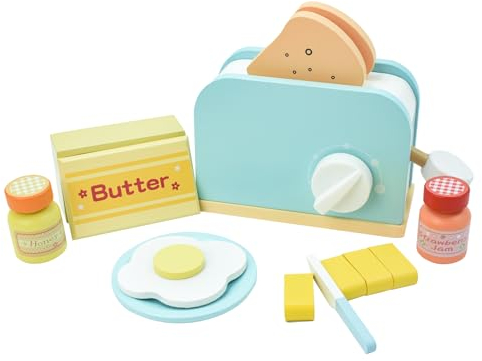 Coriver Cuisine en Bois Enfant, Grille-Pain en Bois Bebe, Accessoire Cuisine Enfant avec Tartines de Pain, Jeu de Rôle pour Enfants, Ustensile Cuisine Bois Enfant pour 3+ Ans Garçons Filles