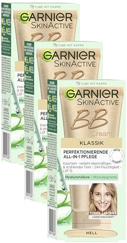Garnier SkinActive BB Cream – All-in-1 Tagespflege mit Hyaluronsäure und Aloe Vera, kaschiert Hautunregelmäßigkeiten, LSF 15, Klassik, Hell, 50 ml (Packung mit 3)