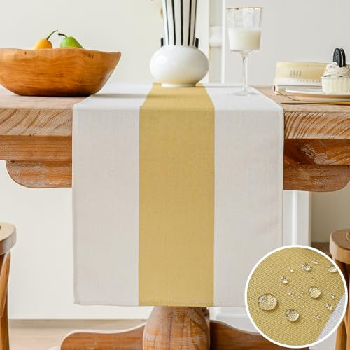 Vorysum Tischläufer Modern Dekoration Tischläufer Wasserabweisend Leinen，Tischläufer Abwaschbar，Tischdecke Outdoor Sommer Garten für Hochzeit Esszimmer Party Urlaub (Gelb, 33 x 183 cm)