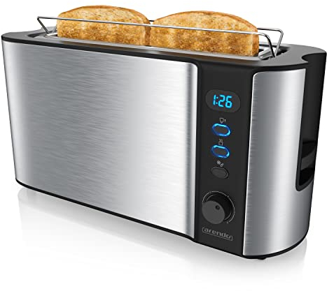 Arendo - Toaster Langschlitz Edelstahl - 2 Scheiben - Defrost Funktion - Wärmeisolierendes Doppelwandgehäuse - mit Brötchenaufsatz - herausziehbare Krümelschublade - Silber Edelstahl