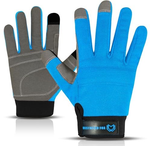 WESTWOOD FOX Safety Work Gloves Heavy Duty Gardening Gloves for Men Thorn Proof Padded Palm Protection Touch Screen Breathable Builder Mechanic Working Multi-Functional (Blue, Medium)