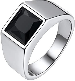 Bestyle Ring mit Schwarzem Stein Herren Ring Edelstahl Bandring Schwarzer Onyx Biker Ring, 8 * 8mm Achat Pinky Daumen Ring für Papa Vater Schmuck Geschenk, Größe 62, Silber
