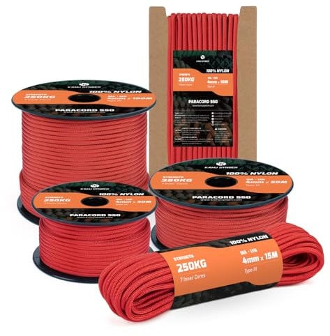 Kamu Synber 550 Paracord 4mm 10m Typ III Schnur 7 Stränge Nylon Seil Fallschirmschnur für Basteln, Outdoor, Camping, Survival | Tragkraft 250kg | Rot