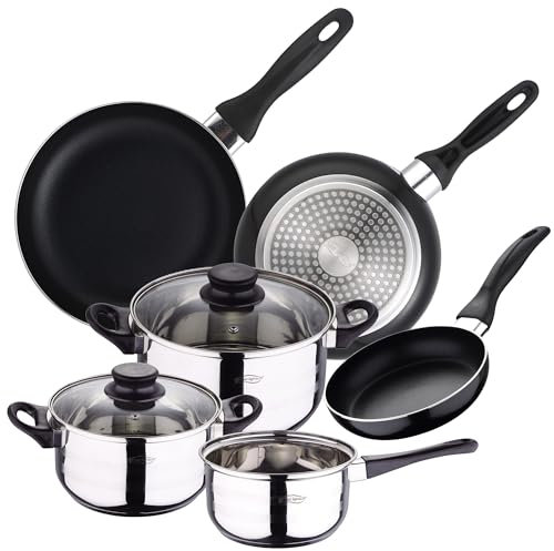 San Ignacio - Batería de cocina de 3 piezas (1.6L, 2.3L, 3.3L) en acero inoxidable y Set de 3 sartenes (16-20-24 cm) en aluminio prensado antiadherente, apto inducción