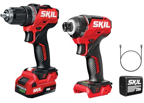 SKIL Taladro compacto PWR Core 12V sin escobillas 1/2 velocidad variable 1/4 (6,35 cm), destornillador de impacto hexagonal compacto de 3 velocidades, con batería de 2,0 Ah y