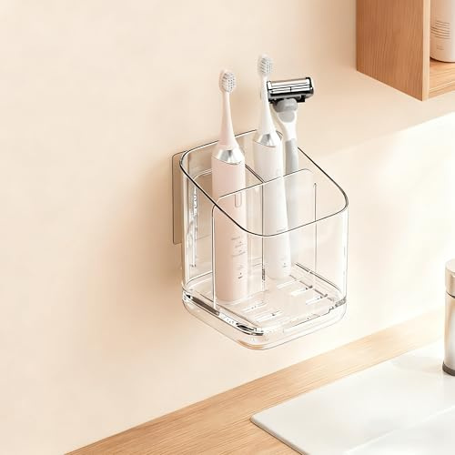 Toothbrush Holder Wall Mounted,Detachable Toothbrush and Toothpaste Holder with Divider for Bathroom, Anti-Slip Electric Tooth Brush Holder Set with Drainage, Bathroom Accessory - Clear