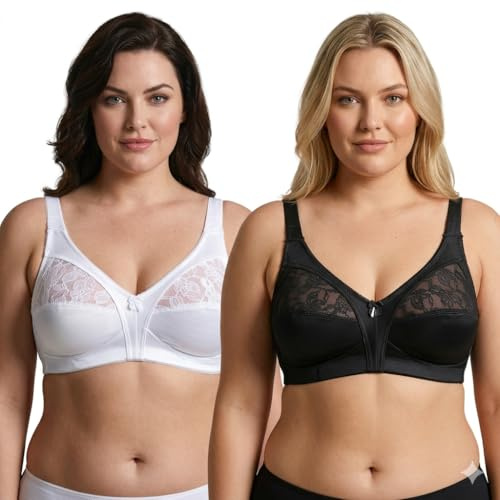 reshmena® 2 Women's Non-Wired Floral Lace Bra, Soft Cup, Non-Padded, Multipack in White and Black Bralette Adjustable Straps Firm Control Satin Bras 2-Pack