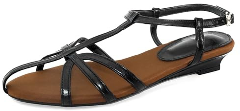 ,Negro,38 EU,Sandalias mujer tira en T slingback punta fina y abierta múltiples tiras cruzadas cuña baja hebilla ajustable oficina desplazamientos laboral casual