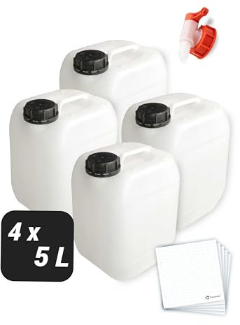 Trevendo 4er-Set Wasserkanister - Leerkanister - Kunststoffkanister (5 Liter, DIN 51, Ø44 mm) - lebensmittelecht & BPA-frei - inkl. Auslaufhahn & Schraubverschluss & Beschriftungsetiketten