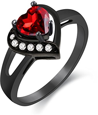 Uloveido Damen schwarzer Ring, roter Herzring, Liebesring, roter Zirkonia-Ring, Versprechenring, Ehering, Ring mit geteiltem Schaft, Zirkonring, Ring für Frauen Größe 52 (16.6) Y349