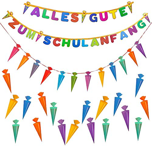 Oblique Unique® Schuleinführung Schulanfang Einschulung Deko Set für Jungs und Mädchen - Alles Gute zum Schulanfang Girlande + Zuckertüte Girlande + Zuckertüte Konfetti Set