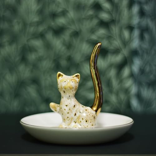 Exembe Lovely Cat Ring Holder Ceramic Jewelry Tray Trinket Dish Kitty Table Decor Stand, Natural Pattern as Leopard Piebald (Smooth Ivory White Combo)