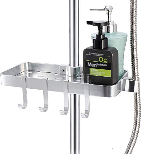 Raum Aluminium Duschregal ohne Bohren - Anzug [24mm-25mm] Duschstange Verstellbar Höhe, Duschregale Badregale zum Hangen für Badezimmer Soap Shampoo Conditioner mit Halter Ständer, 4 Haken
