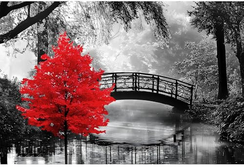 najiaxiaowu Adult Puzzle Classic Jigsaw Puzzle 1000 Pieces Wooden Puzzle DIY Black and White Bridge and Red Tree Modern Home Decor Intellectual Game Wall Art Unique Gift 75x50cm