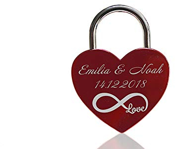 ELUNO Liebesschloss Herzschloss Schloss mit Gravur und Schlüssel I Valentinstags Geschenk für Sie Ihn Hochzeit I incl. Samtbeutel I Motiv Herz 0004 in Rot