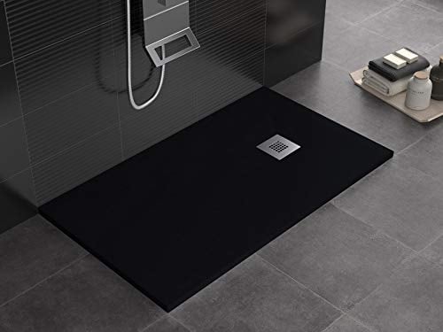 Piatto doccia nero in mineralmarmo, superficie ad effetto pietra ardesia, serie Lion, slim 3 cm, rivestito di Gelcoat, antiscivolo