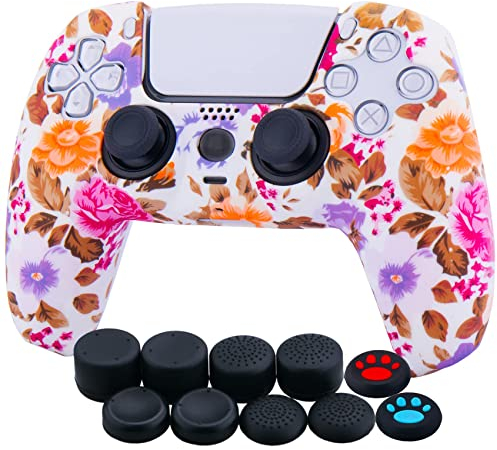YoRHa Drucken Silikon Verdickt Hülle Skin Case (Blumen) für PS5 Controller x 1 mit Aufsätze Kappen x 10