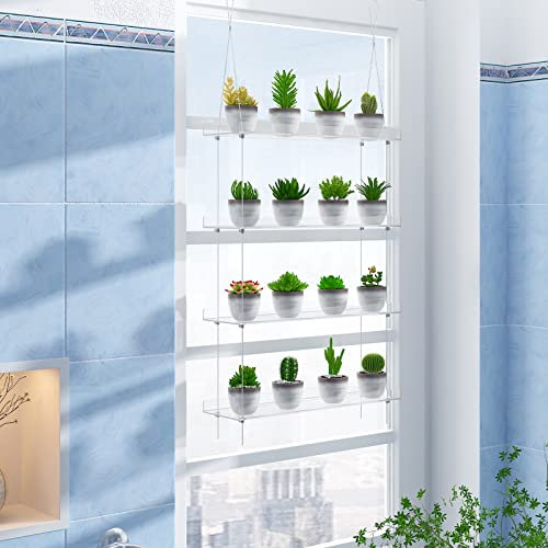 Clear Hanging Window Plant Shelves,Indoor Windows Wall Hanging Plant Stand Flower Display,Flower Pot Organizer Storage for Window Grow Herbs,Microgreens,Succulents,Flower (4 Layer)