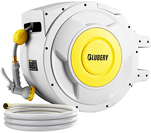 BLUBERY 130 + 2 m x 1,27 cm ausziehbare Gartenschlauchtrommel, 18,5 kg, sehr robust, Sperrung jeder Länge, langsames Rücklaufsystem, breiter Griff, Wandmontage und 180° drehbare Halterung, GHR02A