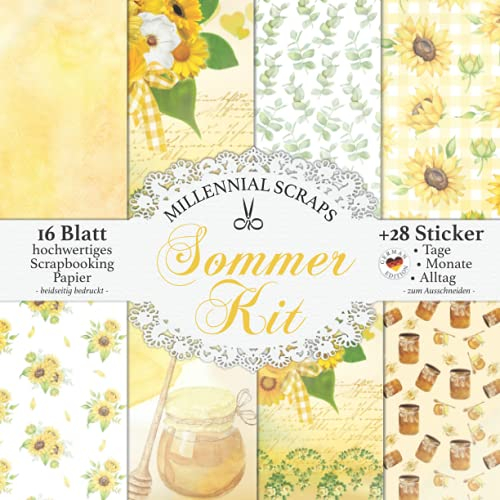 Sommer Kit: Scrapbooking Papier & Zubehör I Gelb- und Grüntöne I Praktischer Block mit 16 Blatt + Letterings zum Ausschneiden I Junk Journal Dekor I Geschenk für Journaling Liebhaber & Bastelfreunde