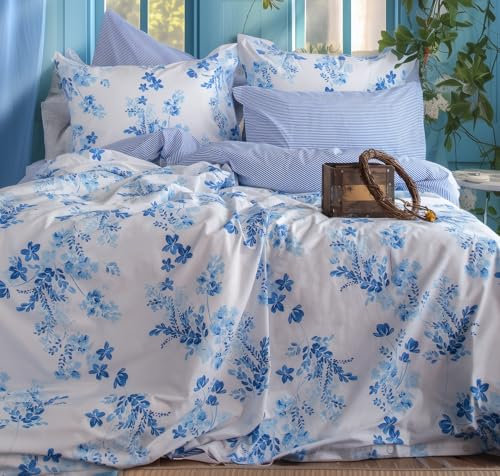 LERUUM King Size Bedding Duvet Cover Sets Cotton Bedding Blue Striped Floral Reversible Quilt Cover Set (King Size Blue)