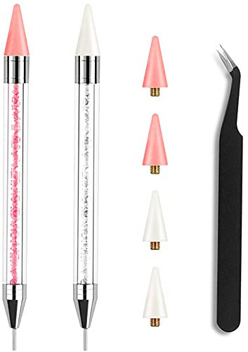 Wax Pencil for Rhinestones Wax Pen Rhinestone Picker Dotting Pen 2 Pieces Acrylic Handle Dual-Ended Rhinestones Pen Applicator Jewel Picker Tool with 4 Extra Wax Tips and 1 Nail Art Tweezer