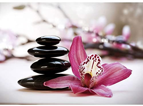 Tableau zen galet noir & fleur orchidée | Tableau salle de bain rose | Tableau sur toile fleuri idéal pour couloir & bureau