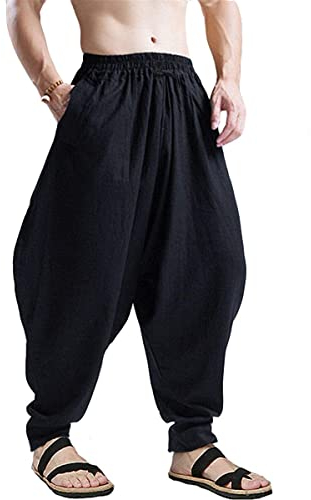 AITFINEISM Men's Drawstring Casual Hippie Harem Pants Loose Drop Crotch Trousers (L,Black 2)
