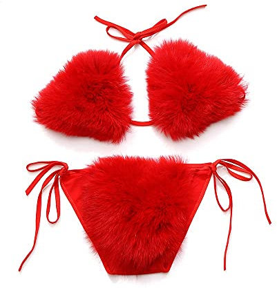 ZOSCGJMY Damen Flauschige Künstliche Fell Pelz Bikini Set Triangel Bikini Zweiteiliger Badeanzug (Rot)