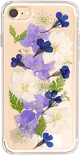 Abbery for iPhone 7/8/SE 2020/SE 2022 Case Clear with White&Purple Floral Design,Soft TPU Slim Silicone Rubber Dried Real Pressed Flowers Protective&Aesthetic Woman Girls Phone Cover