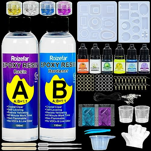 Roizefar Epoxidharz Set Anfänger 380 ml, gießharz Untersetzer mit Harzform, Epoxidharz farbe, Folien flocken, Pailletten, Epoxidharz für Kunsth and werk, Schmuckherstellung