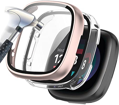 Acadeny 2 pezzi Custodia rigida compatibile con fitbit versa 4/ sense 2 con pellicola protettiva,9H Durezza Hart PC Case sottile in vetro temperato per Smart, Trasparente+oro rosa